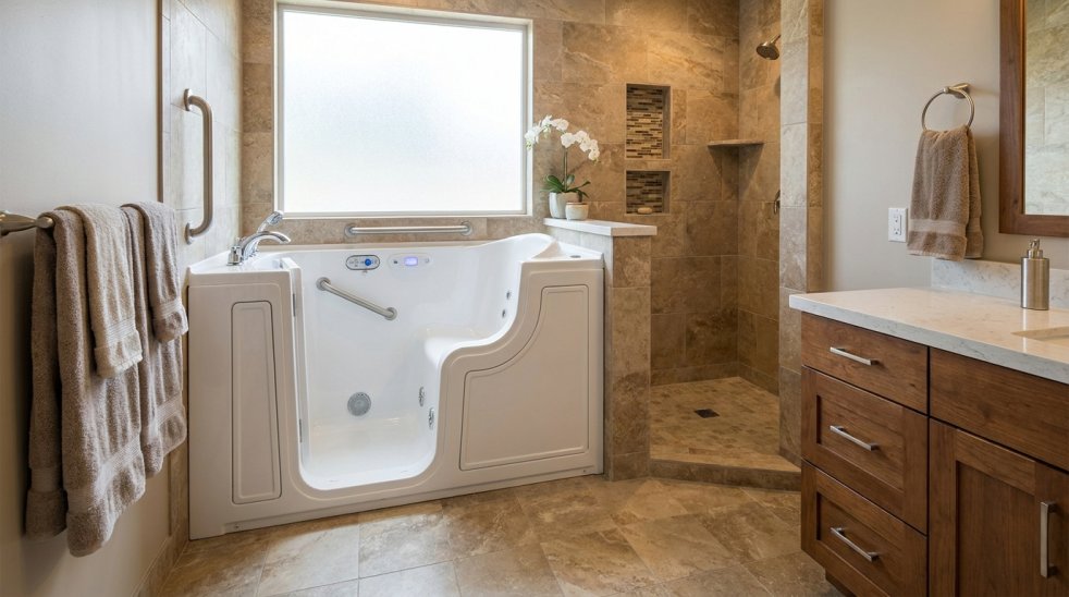 Accessible bathroom with walk-in bathtub, grab bars, and tiled shower in a modern home spa bathroom